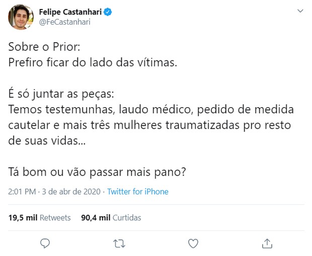 Felipe Castanhari sobre acusações de estupro contra Felipe Prior (Foto: Reprodução/Twitter)