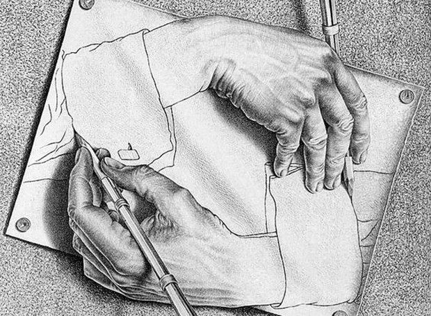 Obra Drawing Hands (1948) de Maurits Cornelis Escher (Foto: Pinterest/Reprodução)