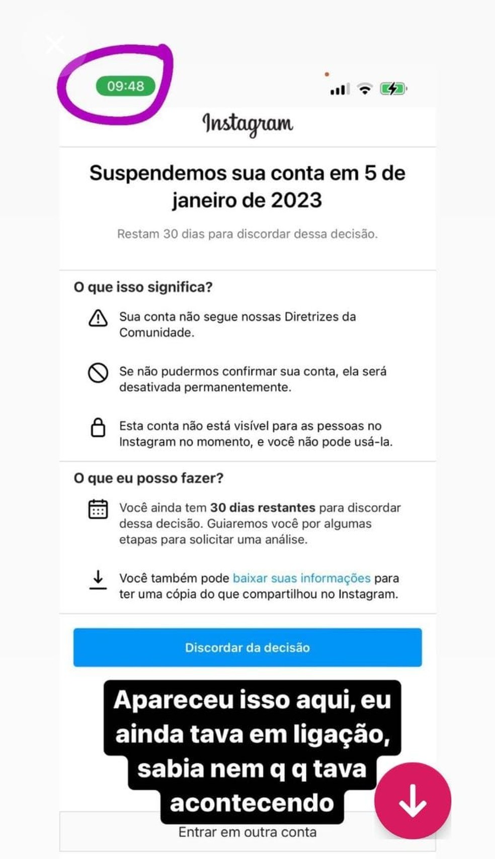 Karoline Lima mostra recado que recebeu do Instagram &mdash; Foto: Reprodu&ccedil;&atilde;o do Instagram