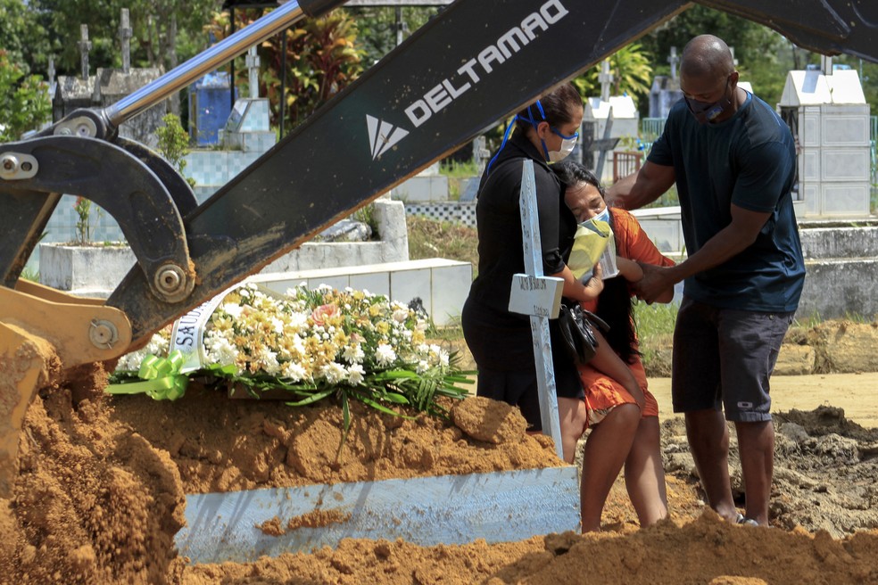 Parentes choram durante enterro de vítima da Covid-19 no Cemitério Nossa Senhora Aparecida, em Manaus, no Amazonas, no dia 22 de janeiro de 2021 — Foto: Marcio James/AFP