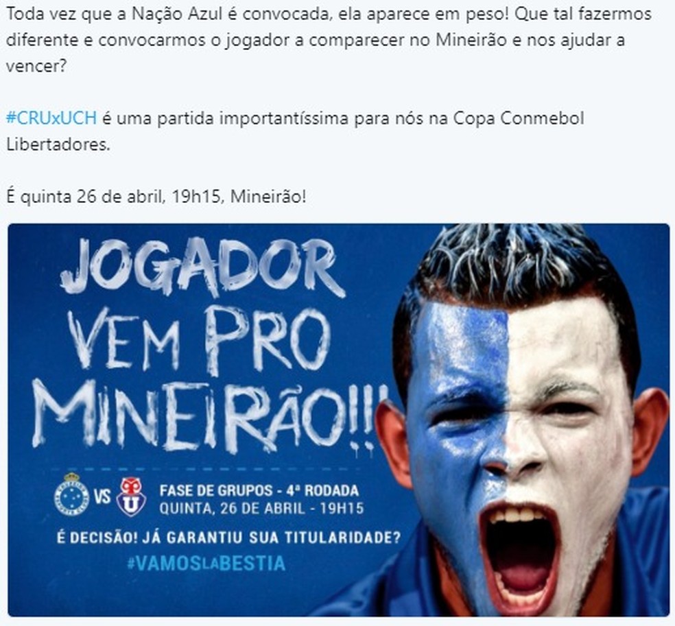 Torcida convoca jogadores do Cruzeiro para partida (Foto: ReproduÃ§Ã£o/ Internet)