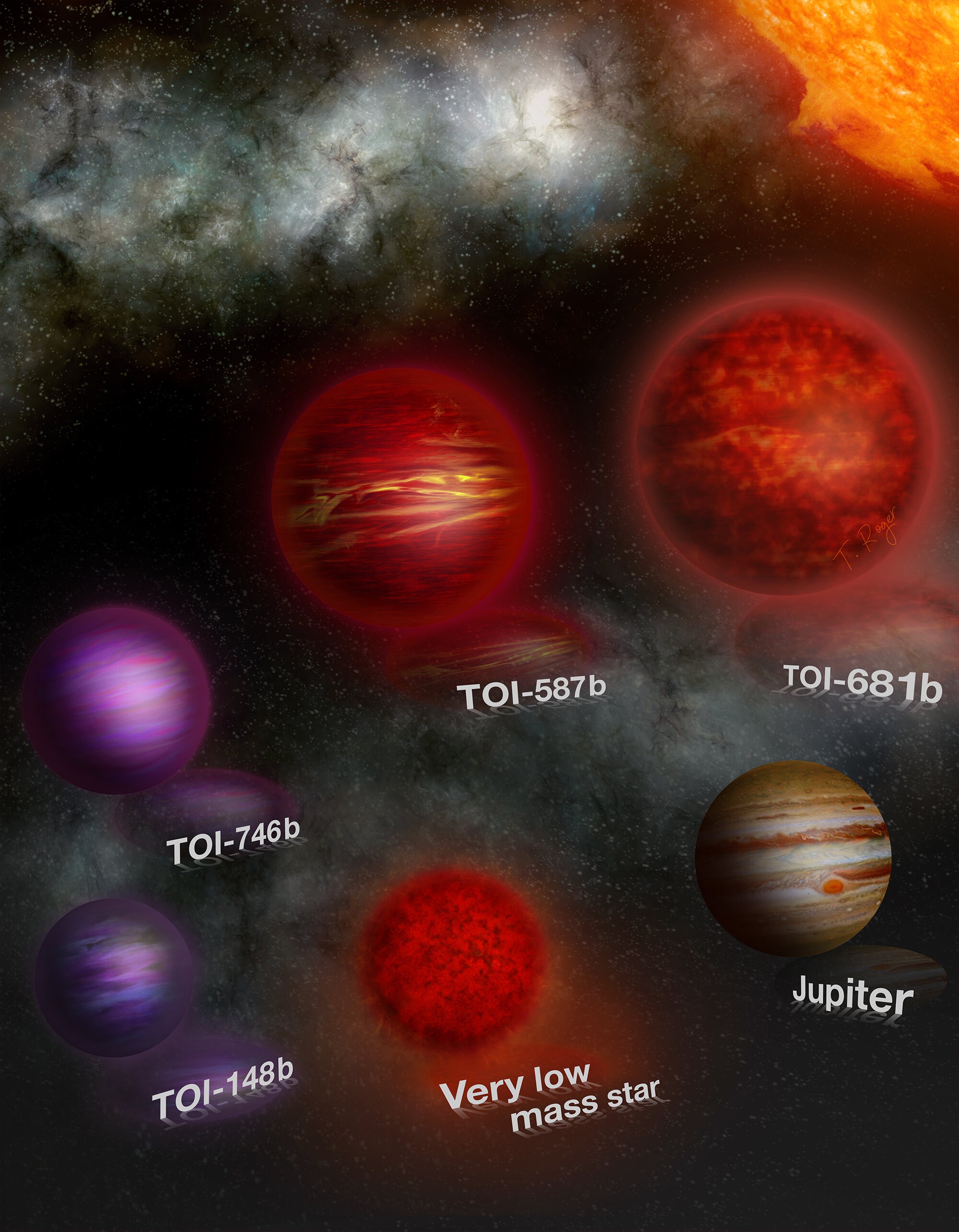 Ilustração de quatro das possíveis anãs marrons descobertas com o TESS (Foto: CC BY-NC-SA 4.0, Thibaut Roger/UNIGE)