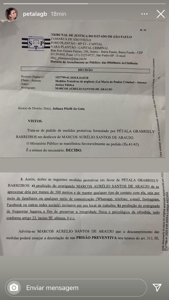 Pétala Barreiros compartilha decisão do Tribunal de Justiça do Estado de São Paulo (Foto: Reprodução/Instagram)