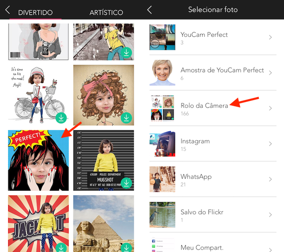 Opção para escolher a pasta de fotos do celular onde está a foto que será usada na edição do YouCam Perfect (Foto: Reprodução/Marvin Costa)