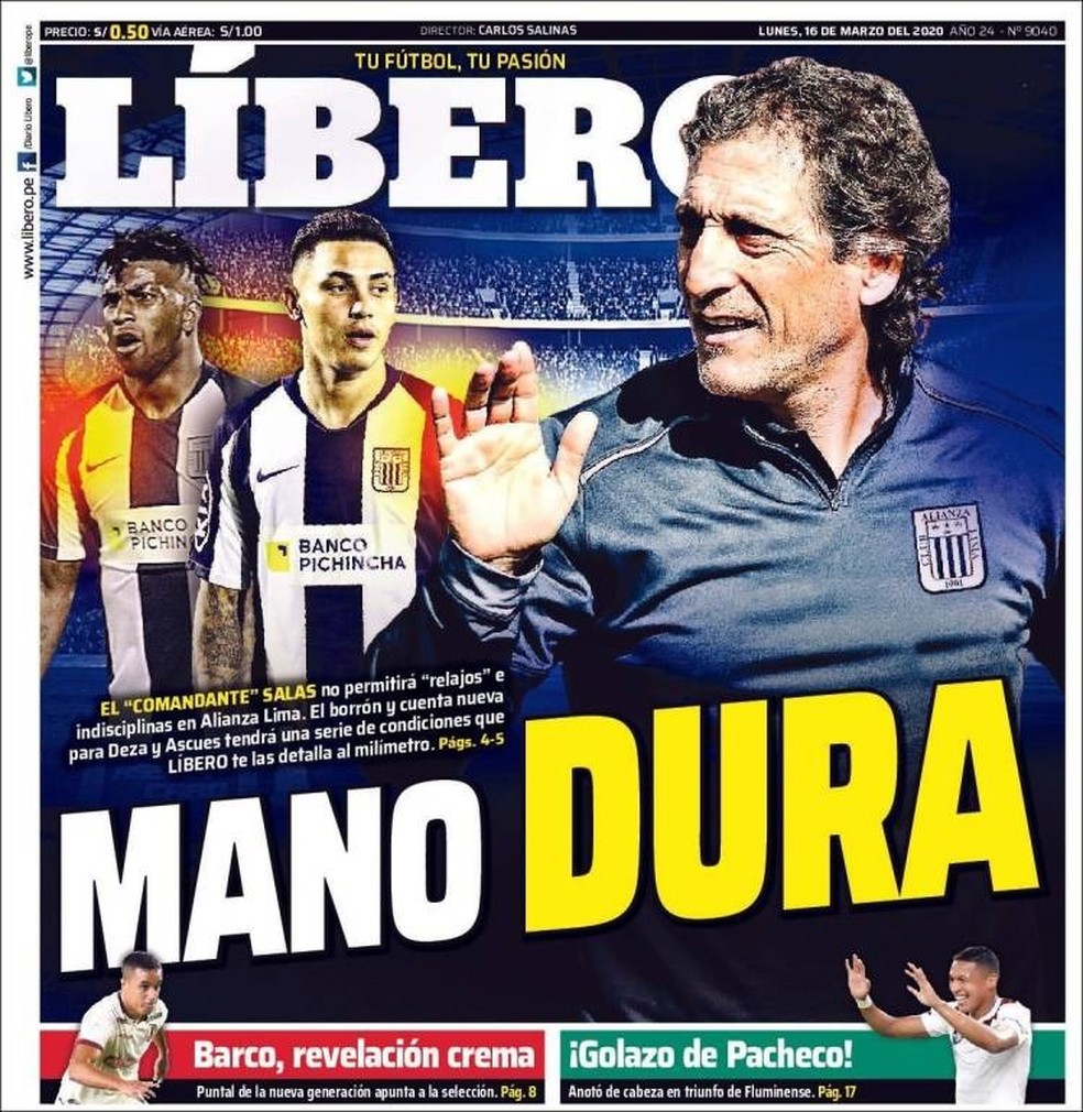 Jornal "Líbero" é outro a destacar o gol de Pacheco pelo Fluminense — Foto: Reprodução