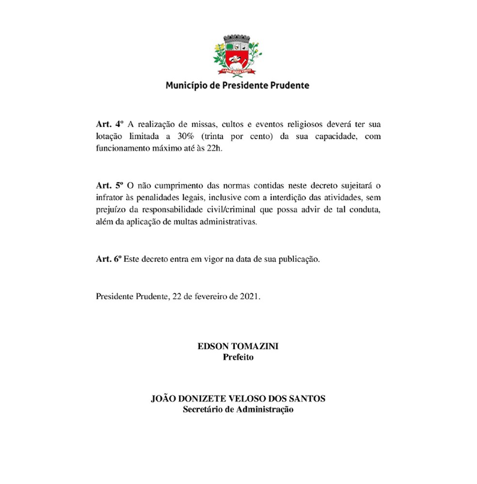 Decreto fase vermelha Presidente Prudente 3 — Foto: Reprodução
