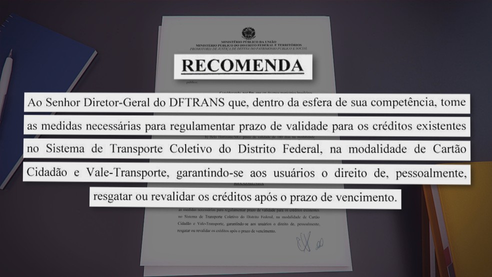 Recomendação do MP para sistema de bilhetagem do DFTRans — Foto: TV Globo/Reprodução