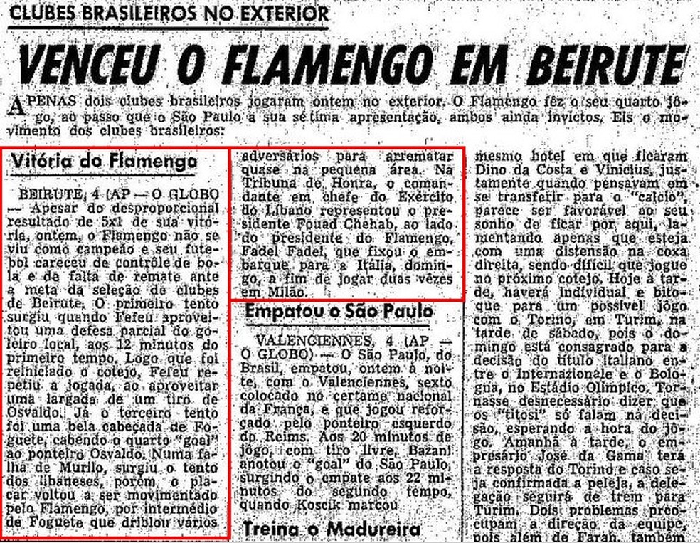 Jornal O Globo dá destaque para vitória do Fla sobre a seleção do Líbano — Foto: Reprodução / Jornal O Globo