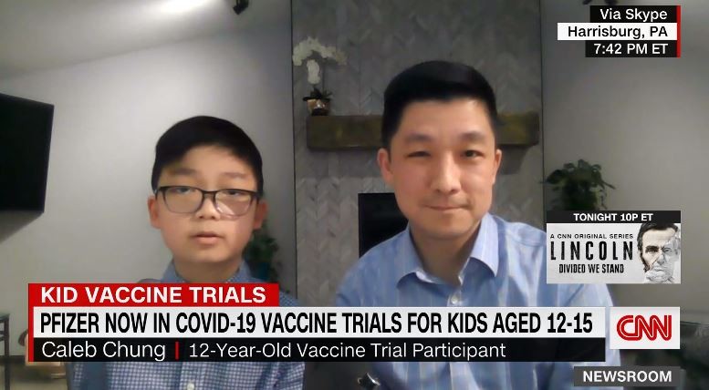 Caleb Chung, 12, é uma das crianças que estão participando dos testes da vacina da Pfizer (Foto: Reprodução/CNN)