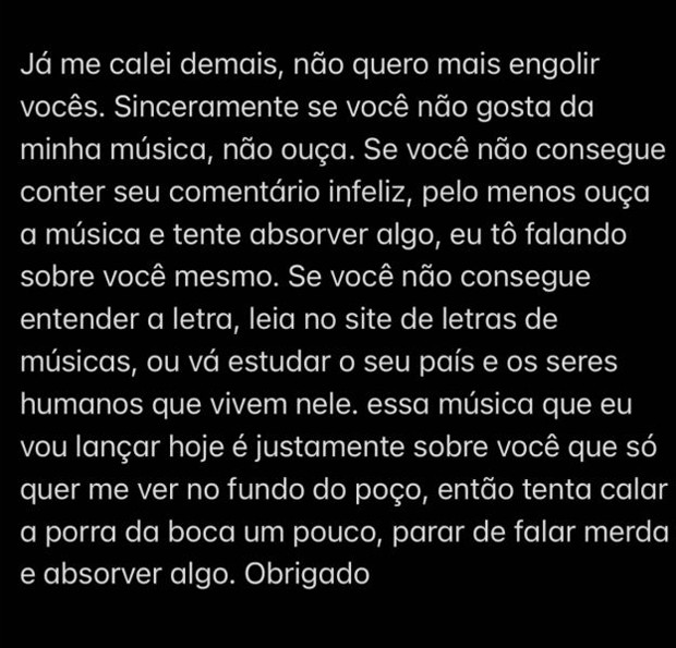 Desabafo de Vitão sobre novos ataques (Foto: Reprodução/Instagram)