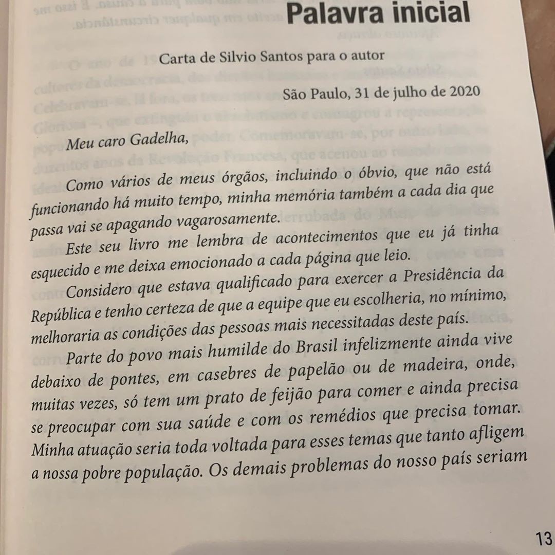 Carta de Silvio Santos para o livro Sonho Sequestrado (Foto: Reprodução/Instagram)