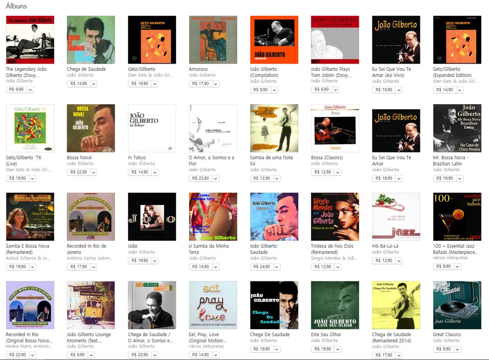 Painel de discos de João Gilberto à venda em plataforma de música — Foto: Reprodução / Internet