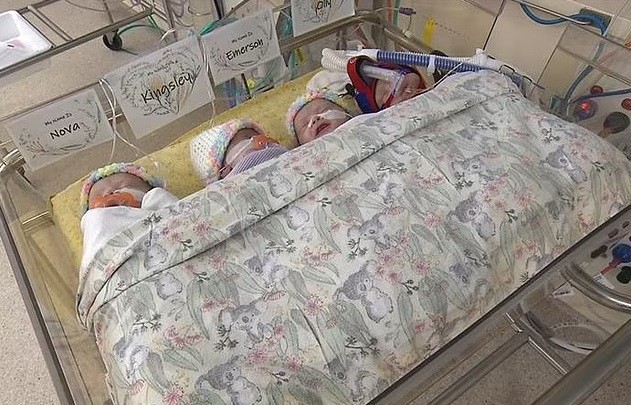 Os quadrigêmeos nasceram 10 semanas antes do previsto, em 27 de junho (Foto: Reprodução/ 7 News)