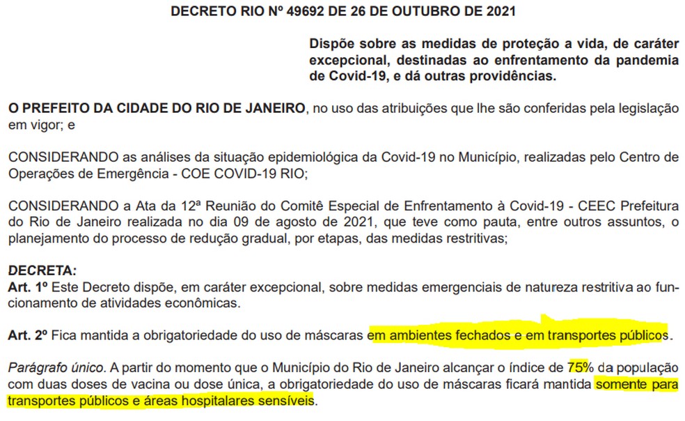 Decreto de Paes libera máscaras nas ruas — Foto: Reprodução