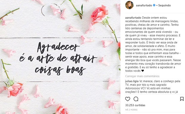 Ana Furtado agradece apoio de amigos e fãs após revelar câncer de mama (Foto: Reprodução/Instagram)