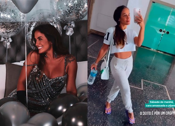 À esquerda, clique de Carol Peixinho em seu aniversário de 37 anos; à direita, seu stories neste sábado (16) (Foto: Reprodução/Instagram)