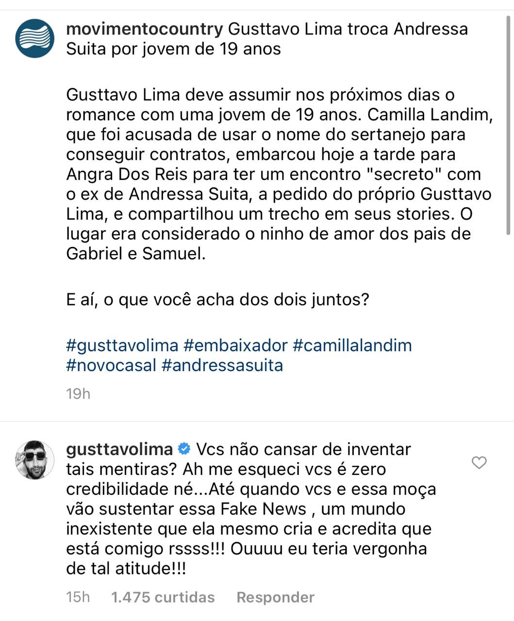 Gusttavo Lima desmente romance com Camila Landin (Foto: Reprodução/Instagram)