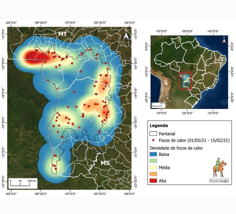 Representação dos pontos de calor no Pantanal captados por satélites  — Foto: IHP/Divulgação 