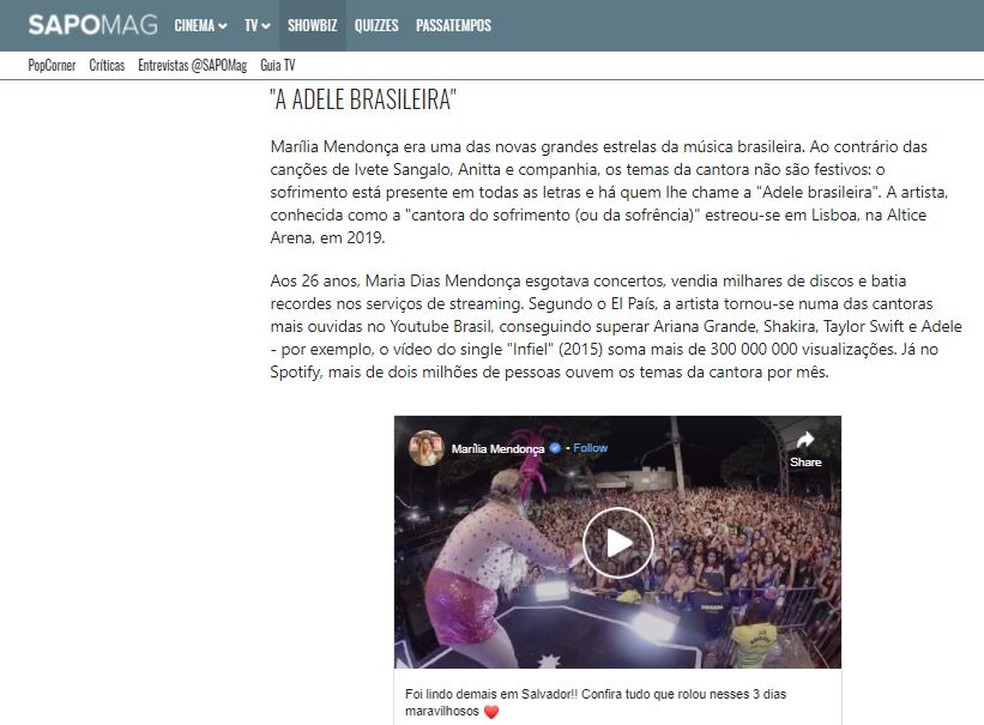Marilia Mendonça é comparada com Adele — Foto: Reprodução
