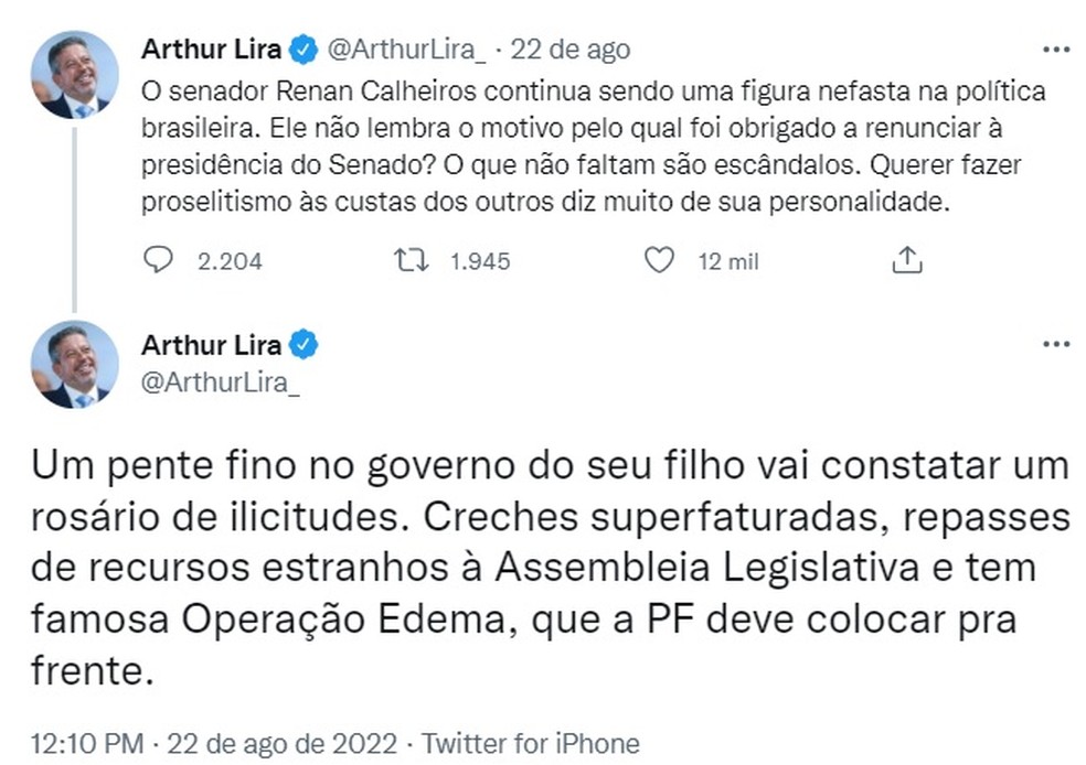 Presidente da C&acirc;mara dos Deputados, Arthur Lira postou no Twitter, em agosto, sobre a Opera&ccedil;&atilde;o Edema, que s&oacute; viria a ser realizada pela PF e pelo MPF quase dois meses depois &mdash; Foto: Reprodu&ccedil;&atilde;o/Twitter