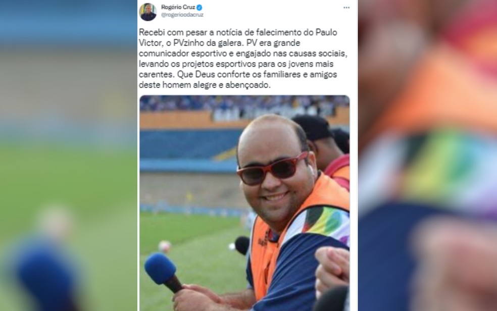 Post do prefeito Rogério Cruz sobre a morte de 'PV' — Foto: Reprodução/Twitter