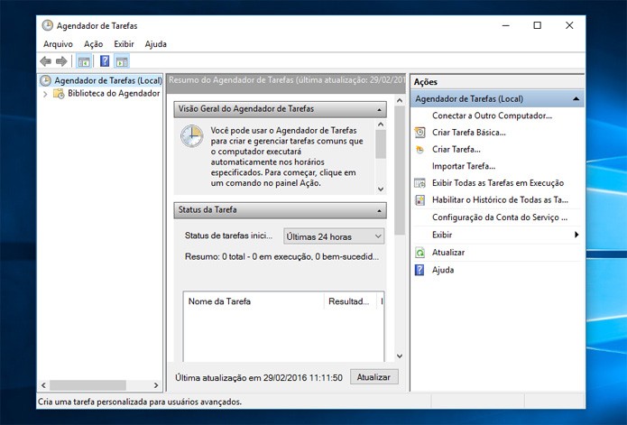 Essa é a tela principal do Agendador de tarefas do Windows 10 (Foto: Reprodução)