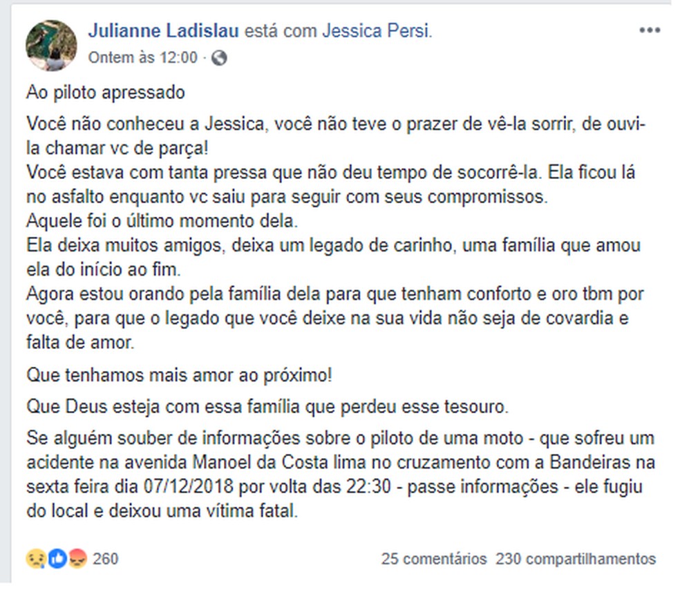 Uma das amigas de jovem que morreu no tr&Atilde;&cent;nsito escreveu texto para 'piloto apressado' &acirc;?? Foto: Redes sociais/Reprodu&Atilde;&sect;&Atilde;&pound;o