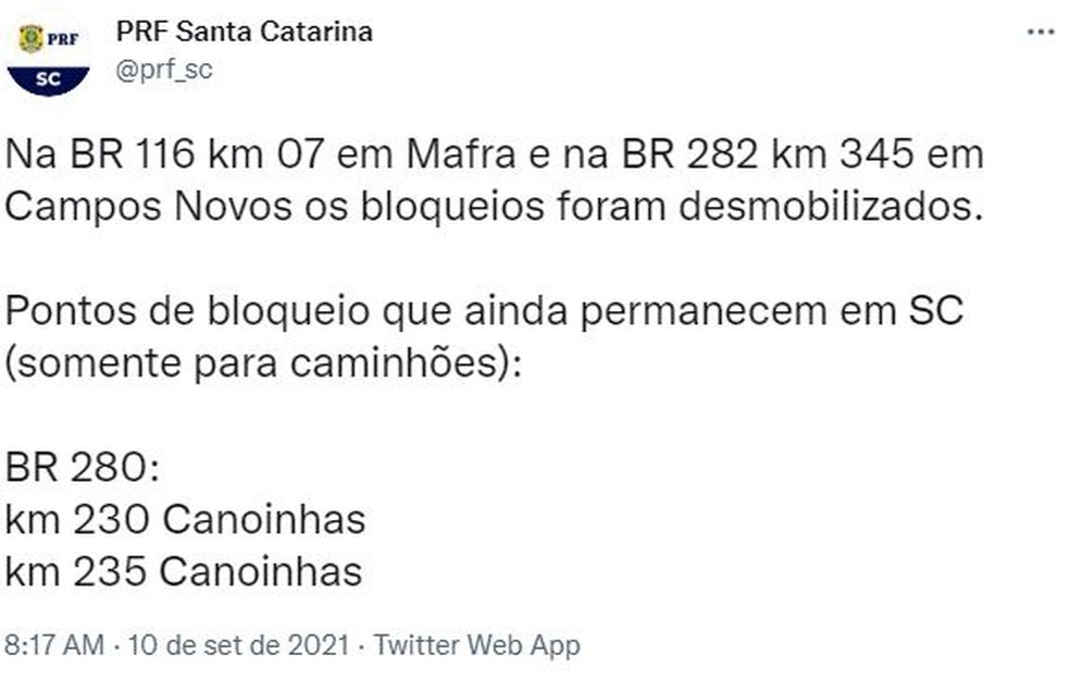 Bloqueios seguem em Santa Catarina, diz PRF — Foto: PRF/Divulgação