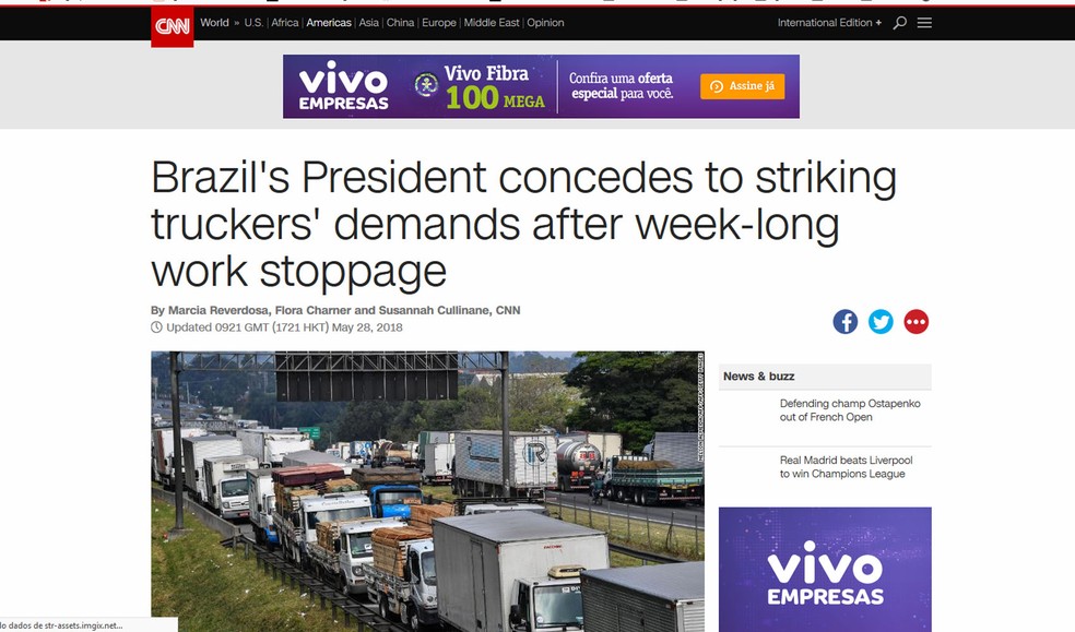CNN diz que presidente Michel Temer cedeu Ã s exigÃªncias dos caminhoneiros apÃ³s uma semana de greve (Foto: ReproduÃ§Ã£o/CNN)