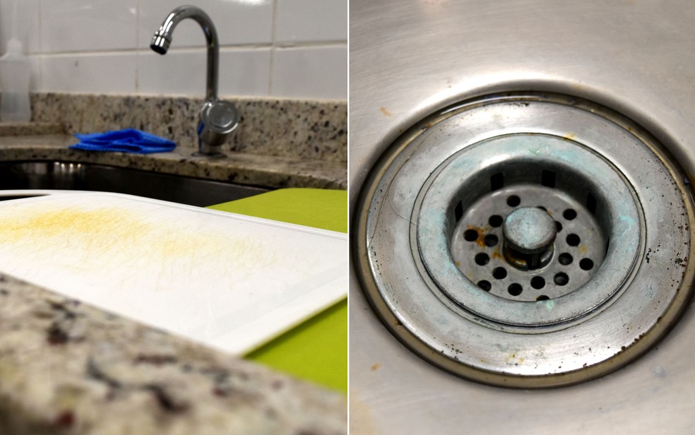 Tábua de alimentos e ralo de pia merecem atenção quando o assunto é contaminação na cozinha. Pesquisa de Campinas encontrou bactérias e fungos. — Foto: Patrícia Teixeira/G1
