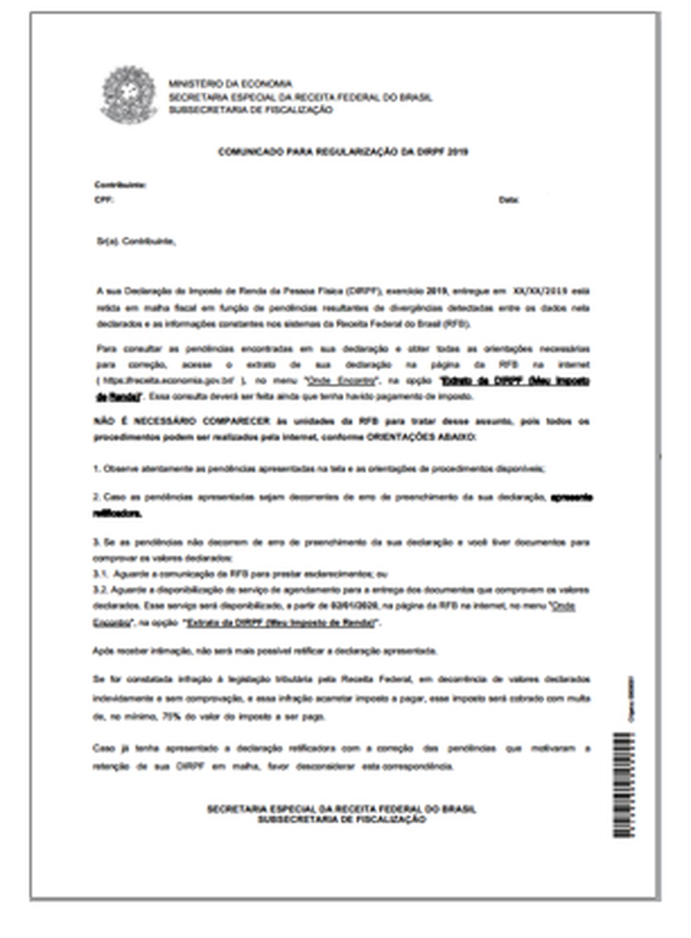 Modelo da carta enviada pelo Fisco — Foto: Receita Federal