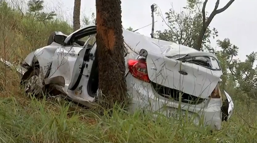 Carro capota em trevo de rodovia de Bauru, cai em ribanceira e atinge árvore — Foto: TV TEM/Reprodução