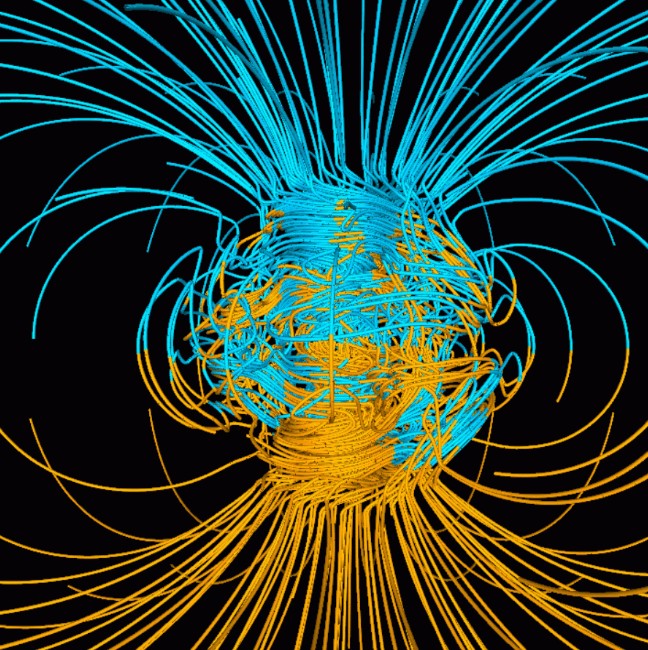 Cientistas redefinem idade do núcleo da Terra: 1 bilhão de anos. Acima: simulação de computador do campo magnético da Terra, que é gerado pela transferência de calor no núcleo (Foto: NASA/ Gary A. Glatzmaier)