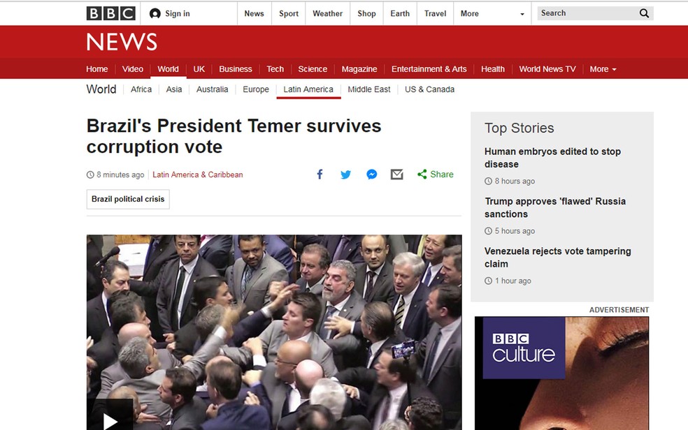 Votação a favor de Temer foi divulgada pela BBC (Foto: Reprodução/BBC)