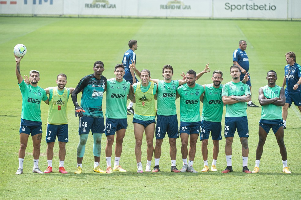 Jogadores do Flamengo no treino no Ninho do Urubu — Foto: Alexandre Vidal/Flamengo
