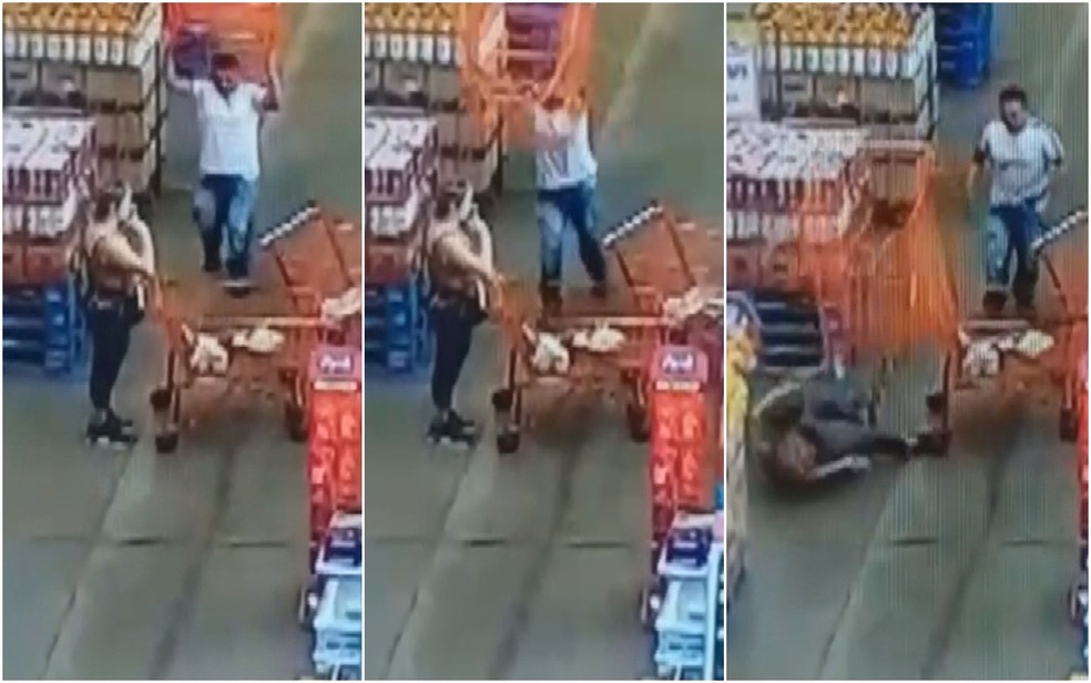 Homem joga carrinho de compras em mulher dentro de supermercado em Santo Antônio do Descoberto, Goiás — Foto: Reprodução/TV Anhanguera