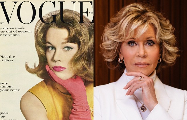  Jane Fonda fotografada por Irving Penn para a Vogue em julho de 1959; à esquerda, Fonda in 2018 (Foto: Getty Images)