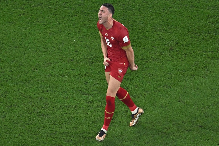 Vlahovic comemora gol da Sérvia sobre a Suíça segurando as partes íntomas