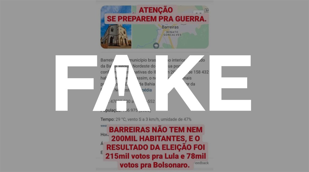 &Eacute; FAKE que Barreiras, na Bahia, teve mais votos para Lula que n&uacute;mero de habitantes &mdash; Foto: Reprodu&ccedil;&atilde;o