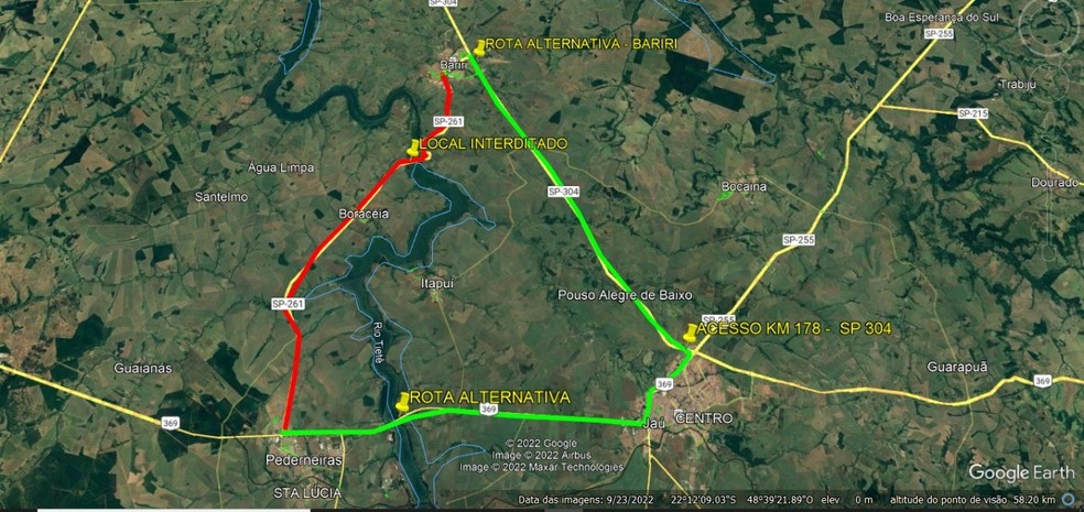 Mapa mostra o trecho interditado e as rotas alternativas na ligação entre Bariri e Pederneiras  — Foto: Eixo SP/ Divulgação