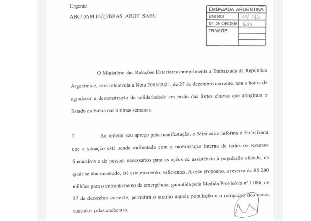 Governo Federal nega autorização para ajuda humanitária da Argentina à Bahia