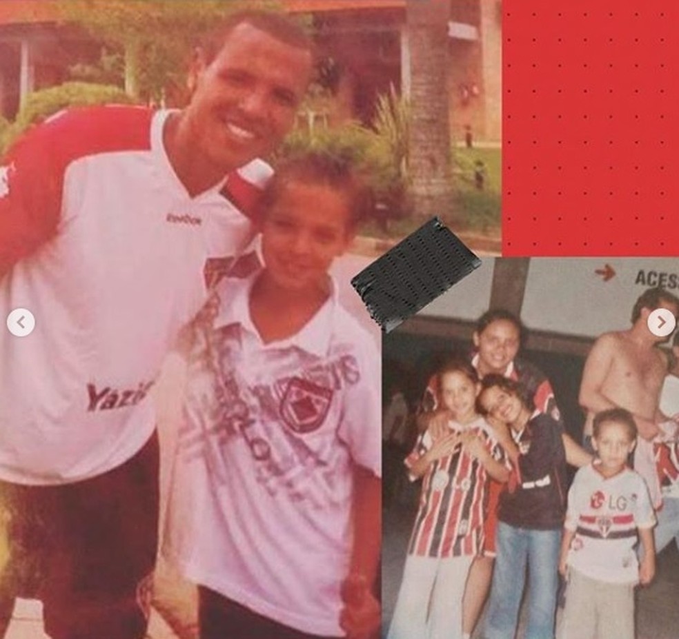 Antony criança ao lado de Luis Fabiano, no São Paulo (lado esquerdo); Antony pequeno com a camisa do Tricolor — Foto: Reprodução instagram