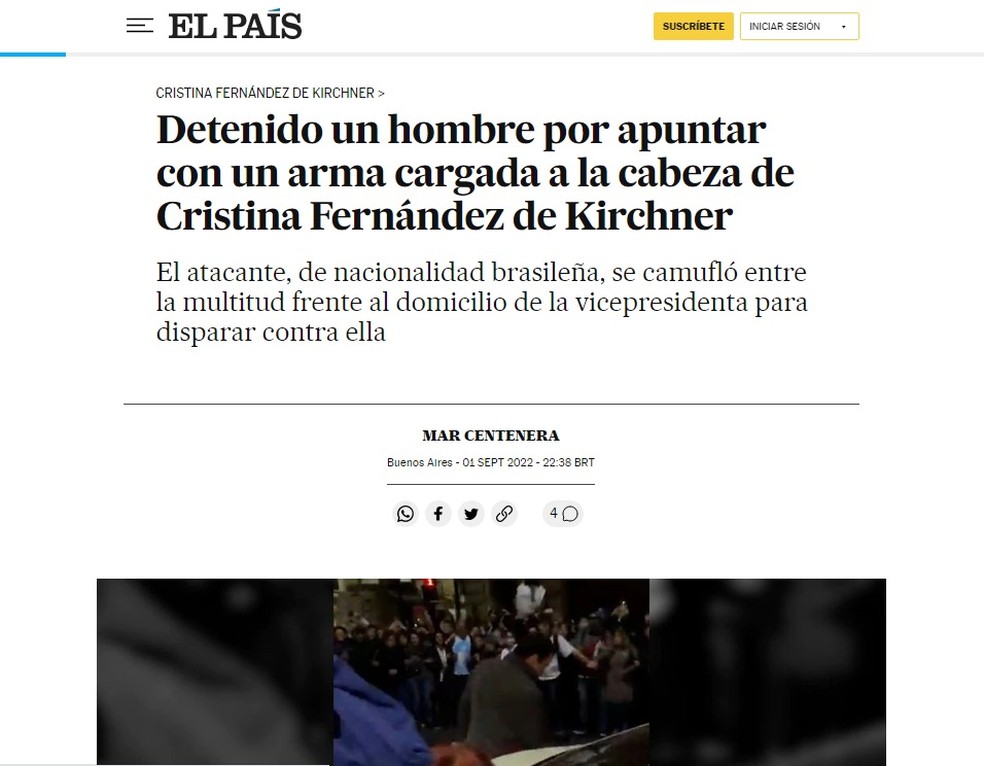 Atentado contra Cristina Kirchner é destaque no jornal espanhol 'El País' — Foto: Reprodução
