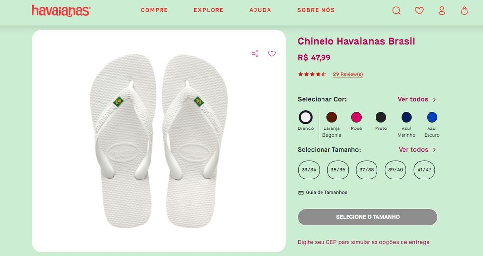 Preço original de chinelo Havainas em site da marca — Foto: Reprodução/Internet