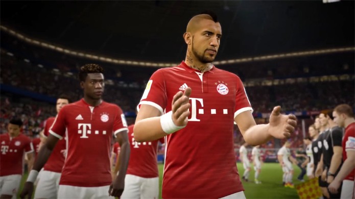 Fifa 17 exibe o processo de captura dos rostos dos atletas do Bayern de Munique, entre eles Vidal (Foto: Reprodução/YouTube)