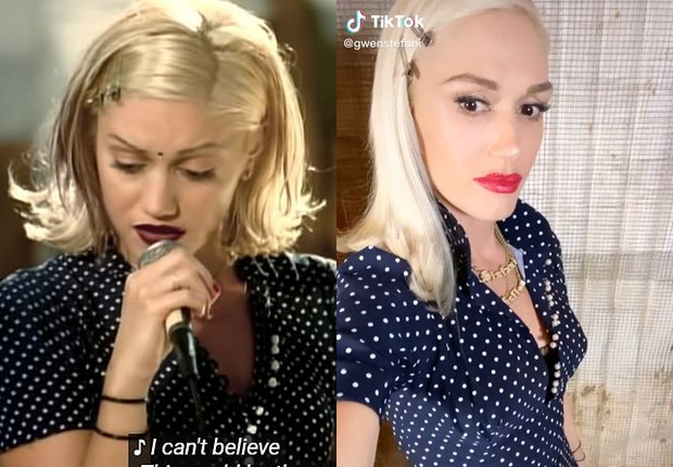 Gwen Stefani no clipe de Dont Speak (1996) e com o mesmo vestido em 2021 (Foto: Reprodução/Instagram)