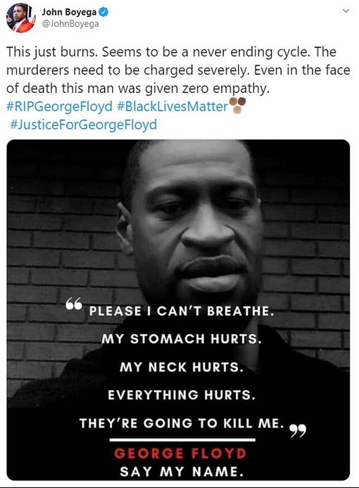 Um post de John Boyega lamentando a morte de George Floyd (Foto: Twitter)