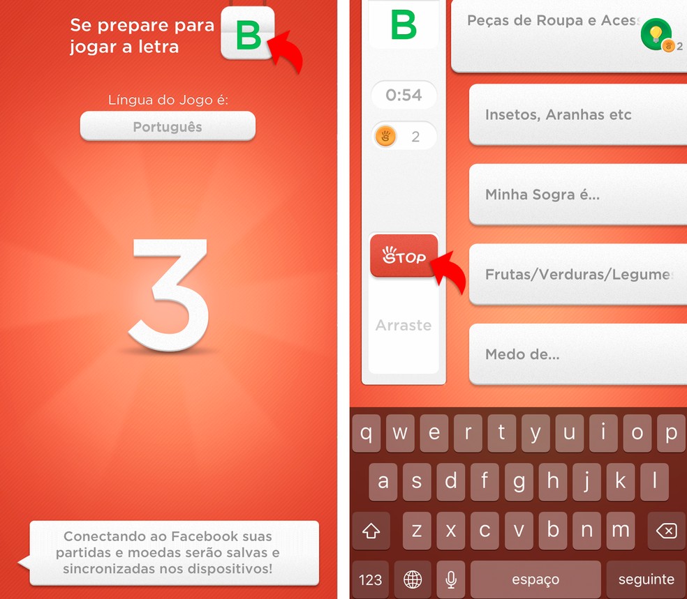 Preencha as lacunas com palavras que comecem com a letra sorteada e aperte "Stop" — Foto: Reprodução/Giovanna Japiassú