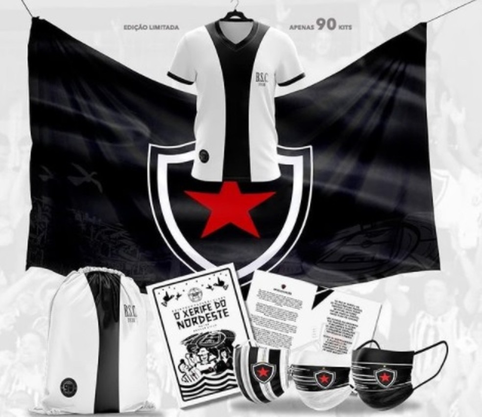 Kit alusivo aos 90 anos do Botafogo-PB contém camisa, bandeira, máscaras e cordel — Foto: Reprodução
