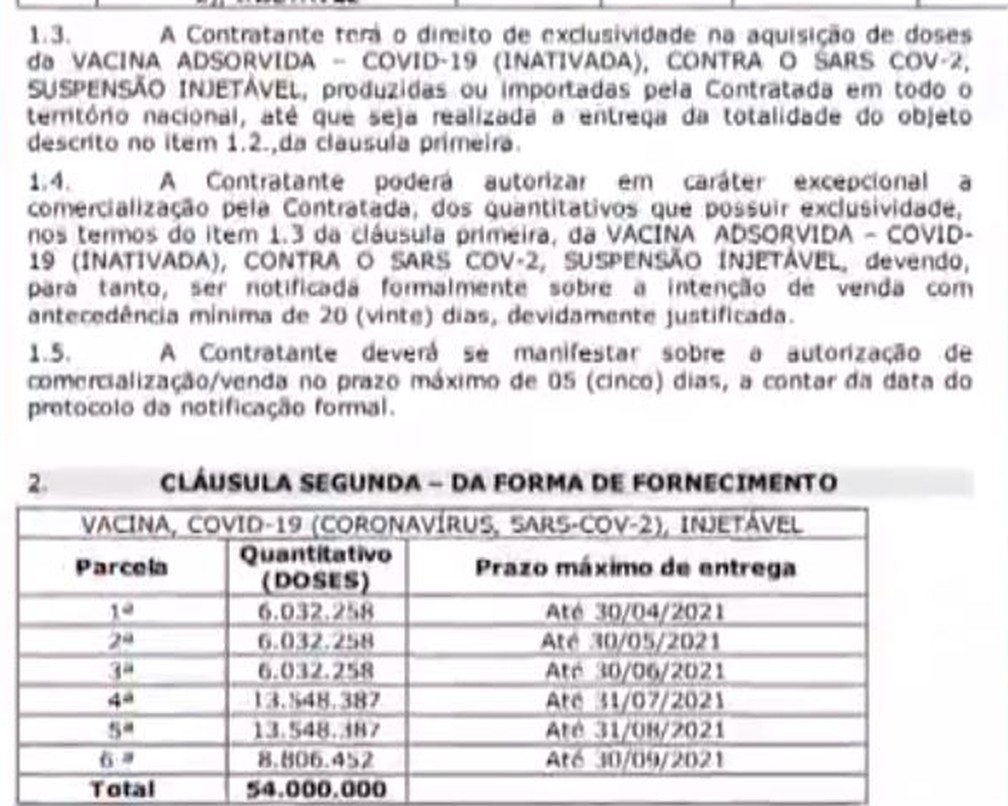 Trecho de contrato entre Ministério da Saúde e Butantan para aquisição de 54 milhões de doses da CoronaVac  — Foto: Reprodução